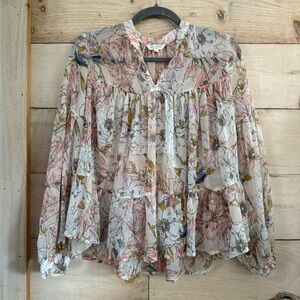 Lucky Brand Women's Floral Printed Peasant Semi Sheer Pintuck Tie Neck Boho S